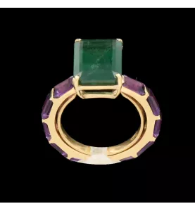 ANELLO IN ORO GIALLO SMERALDO E AMETISTA