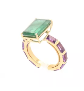 ANELLO IN ORO GIALLO SMERALDO E AMETISTA