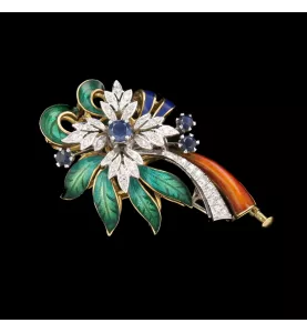 BROCHE FLORALE 2 ORS SAPHIR DIAMANTS