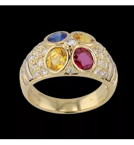 Bague or jaune Saphirs Rubis et Diamants