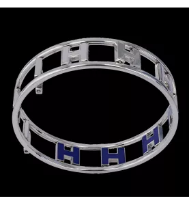 HERMES H SWIVEL BRACELET STEEL AND BLUE ENAMEL