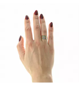 Triple ring in yellow gold with emerald, ruby, sapphire and diamonds